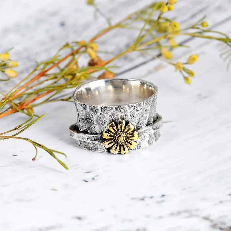 Anillo de Flor de Girasol en Plata 925