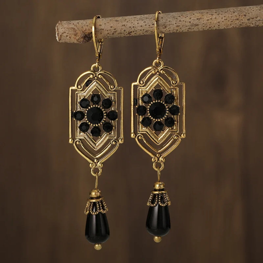 Aretes Colgantes Negros y Dorados Vintage