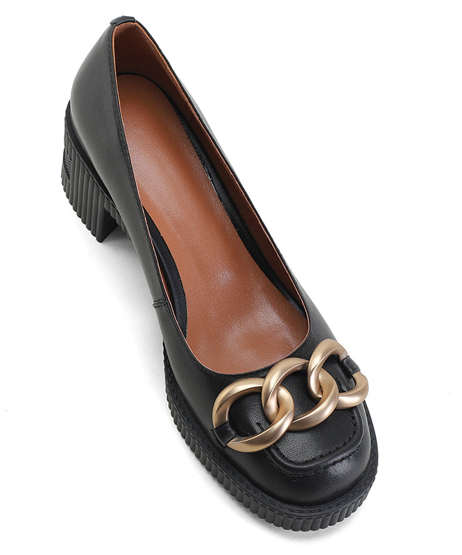 Faux Leather Beige Chain Linked Splicing Chunky Heel Penny Loafers