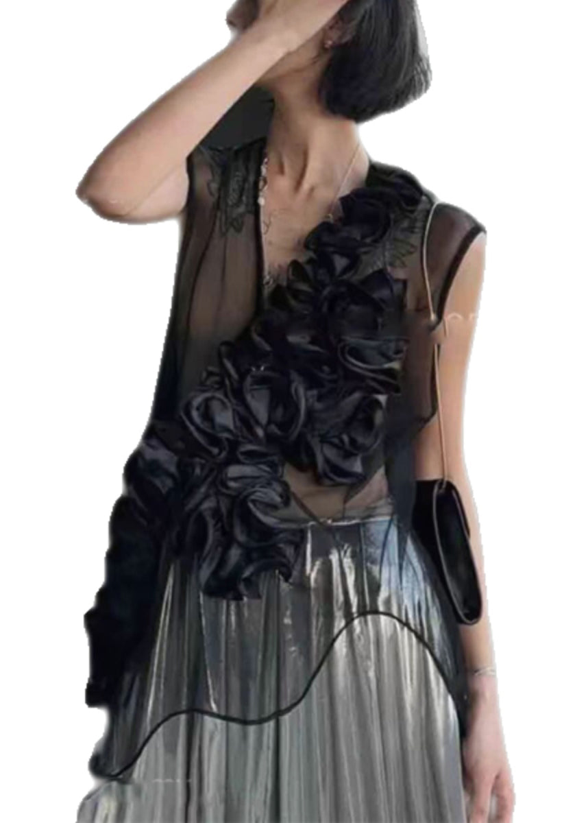 Black V Neck Ruffled Original Design Tulle Top Sleeveless