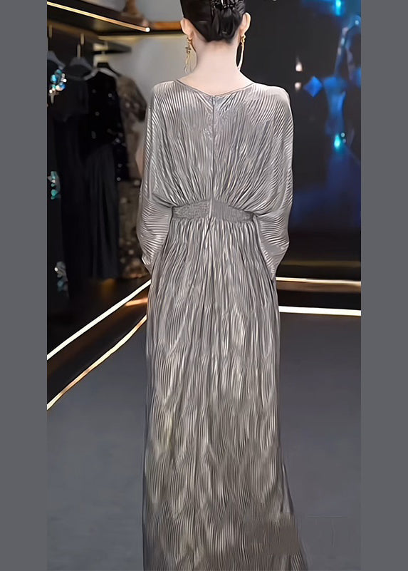 Grey V Neck High Waist Silk Long Dresses Summer