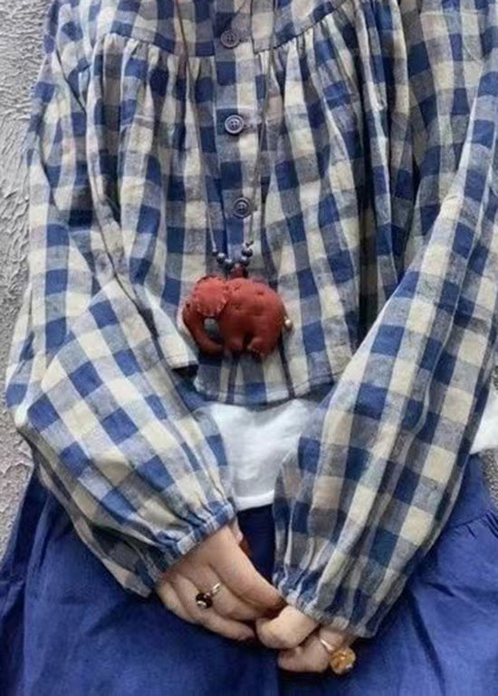 Blue O Neck Plaid Cotton Shirt Top Long Sleeve