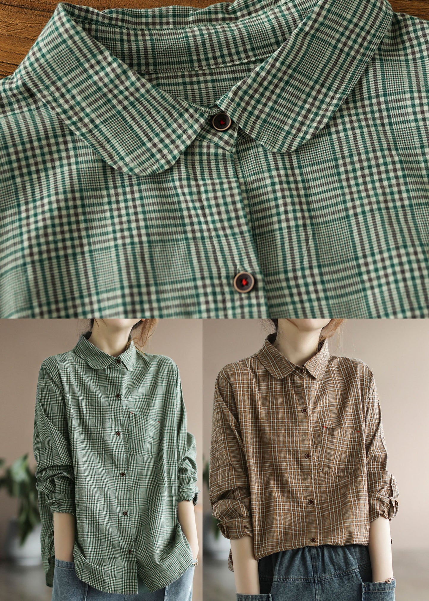 Chocolate Plaid Cotton Shirt Tops Pocket Long Sleeve