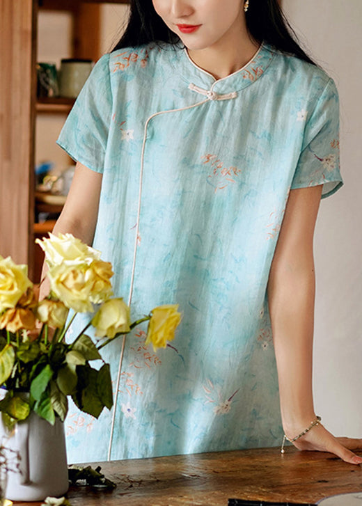 Chinese Style Blue Stand Collar Print Linen Dresses Summer
