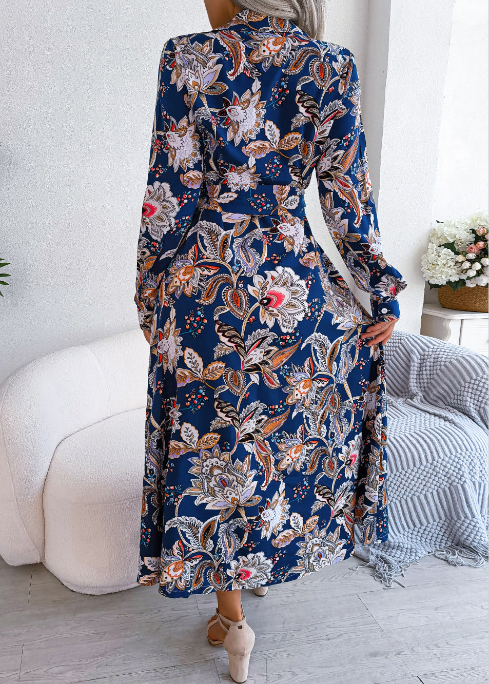 Royal Blue Peter Pan Collar Print Chiffon Shirts Dress Spring