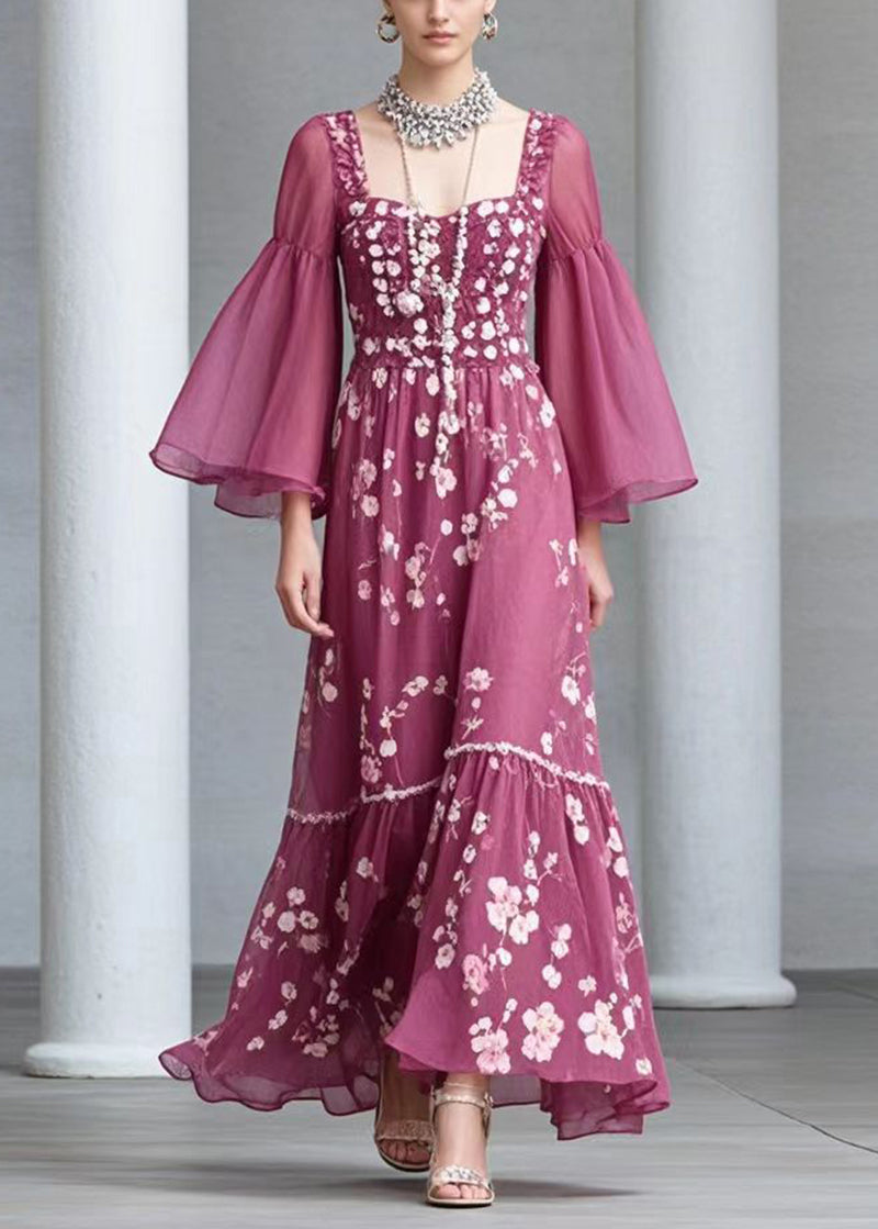 Rose Square Collar Print Chiffon Dress Flare Sleeve