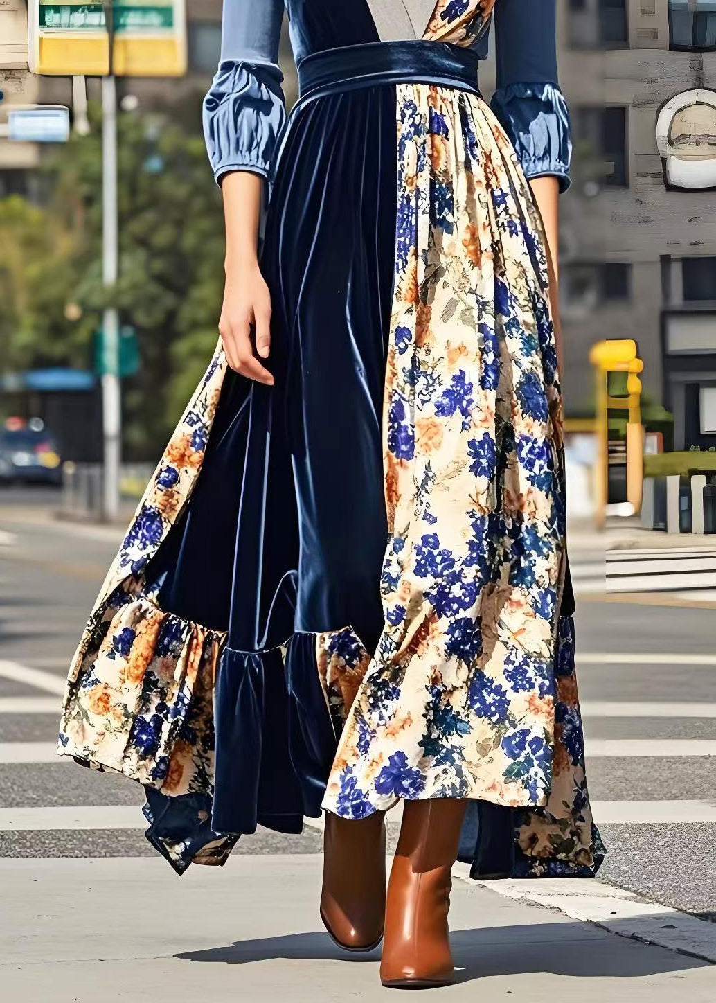 Print Patchwork Exra Large Hem Silk Velvet Long Dresses Spring