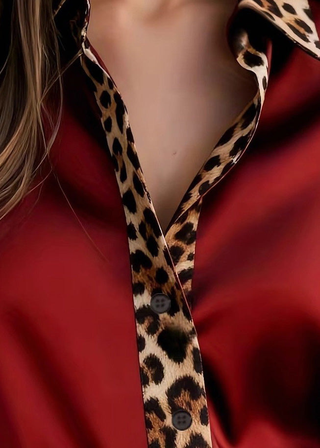 French Grey Peter Pan Collar Leopard Patchwork Silk Top Spring