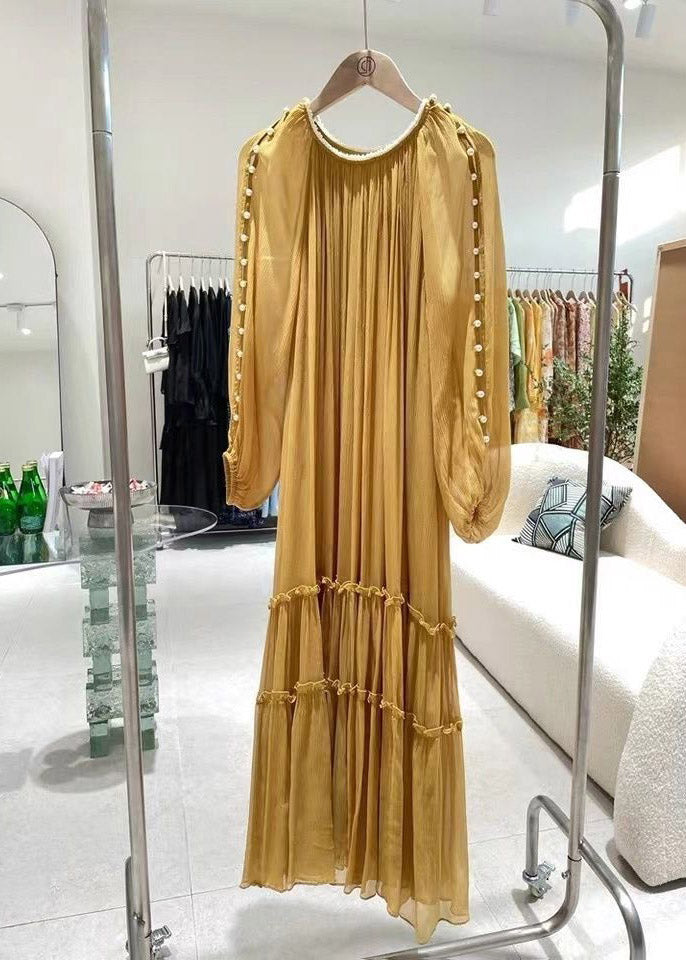 Diy Yellow O-neck Nail Bead Ruffled Silk Dress Long Sleeve