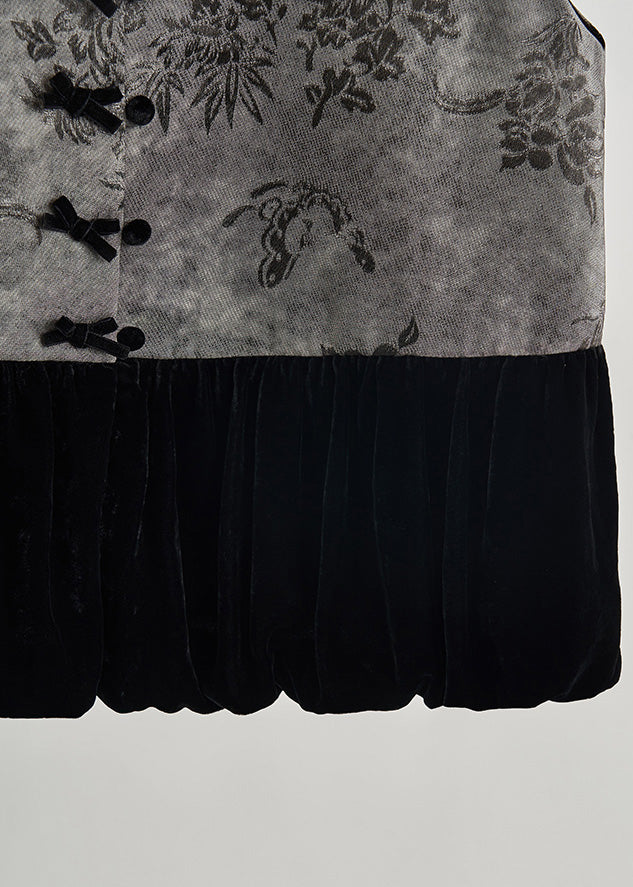 Grey Print Patchwork Silk Velour Vests Fall