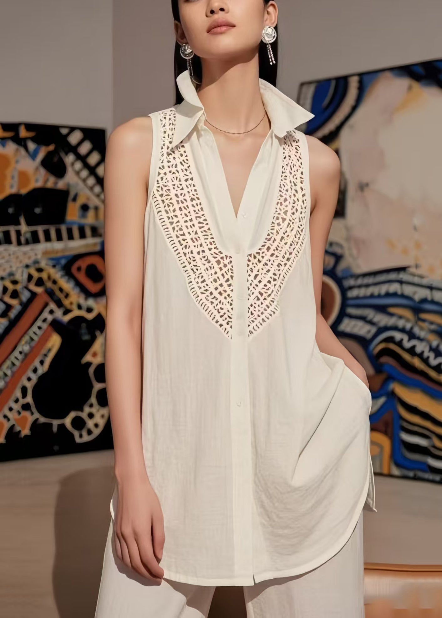 White V Neck Hollow Out Cotton Top Sleeveless