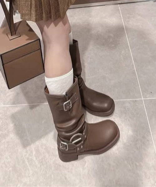 Brown Faux Leather Buckle Strap Splicing Chunky Boots