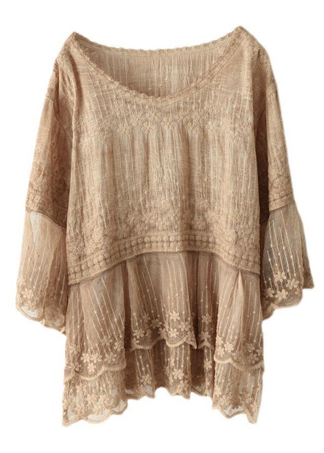 Loose Khaki O-neck Embroidered Patchwork Summer Shirts Half Sleeve