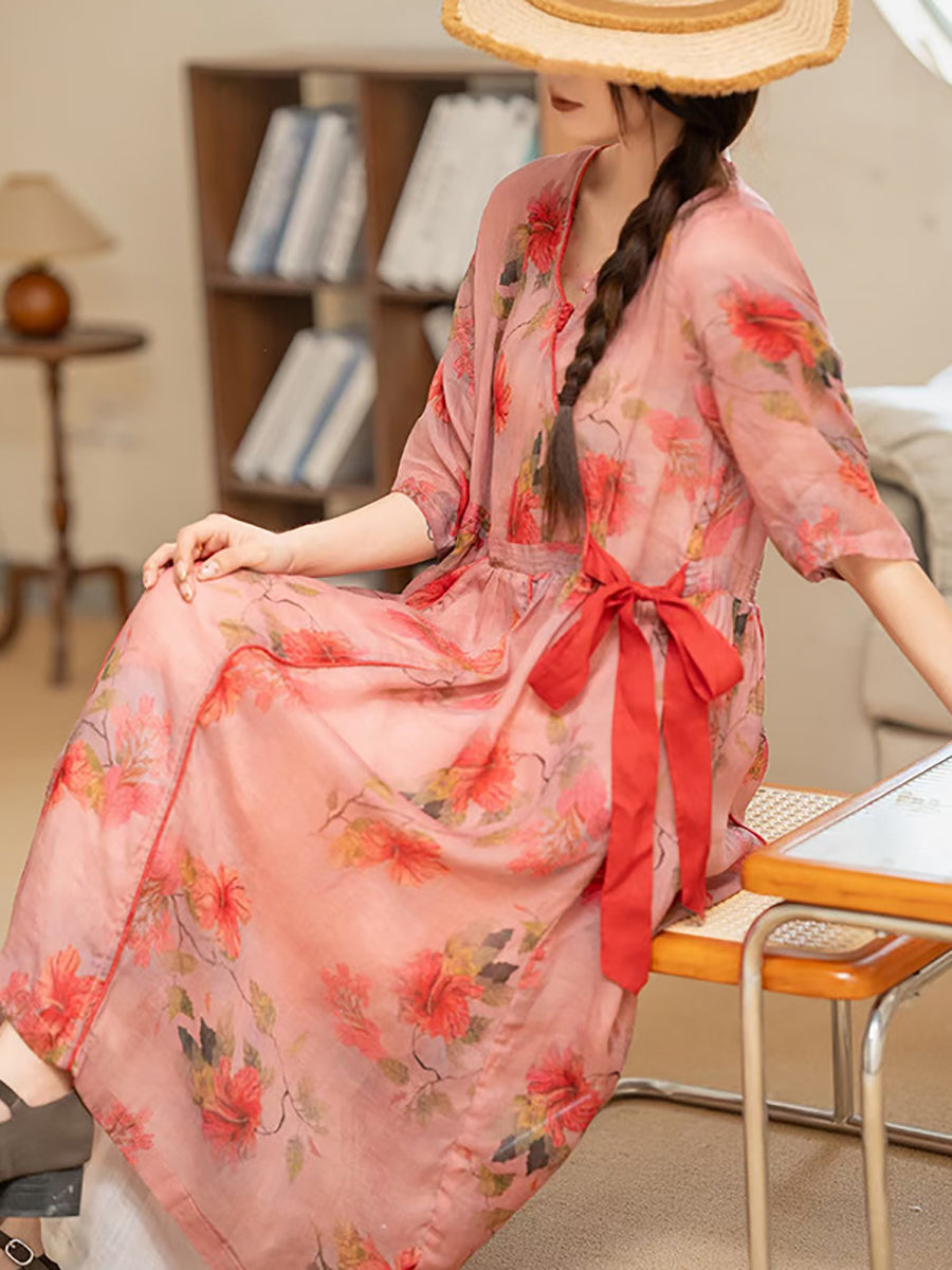 Summer Flower Strap V-neck Ramie Dress