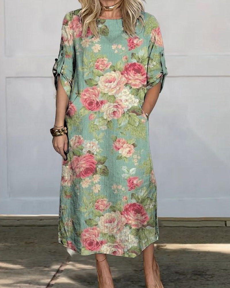 Plant Print Cotton Linen Dress