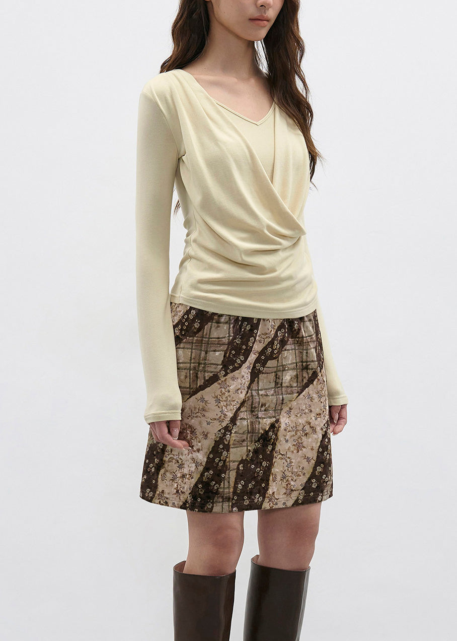 French Light Yellow Draped Neckline Fake Two Long Sleeved T-shirt Top