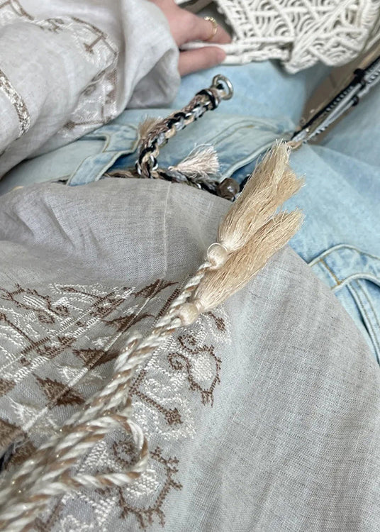 Loose Apricot Embroidered Lace Up Linen Shirt Fall