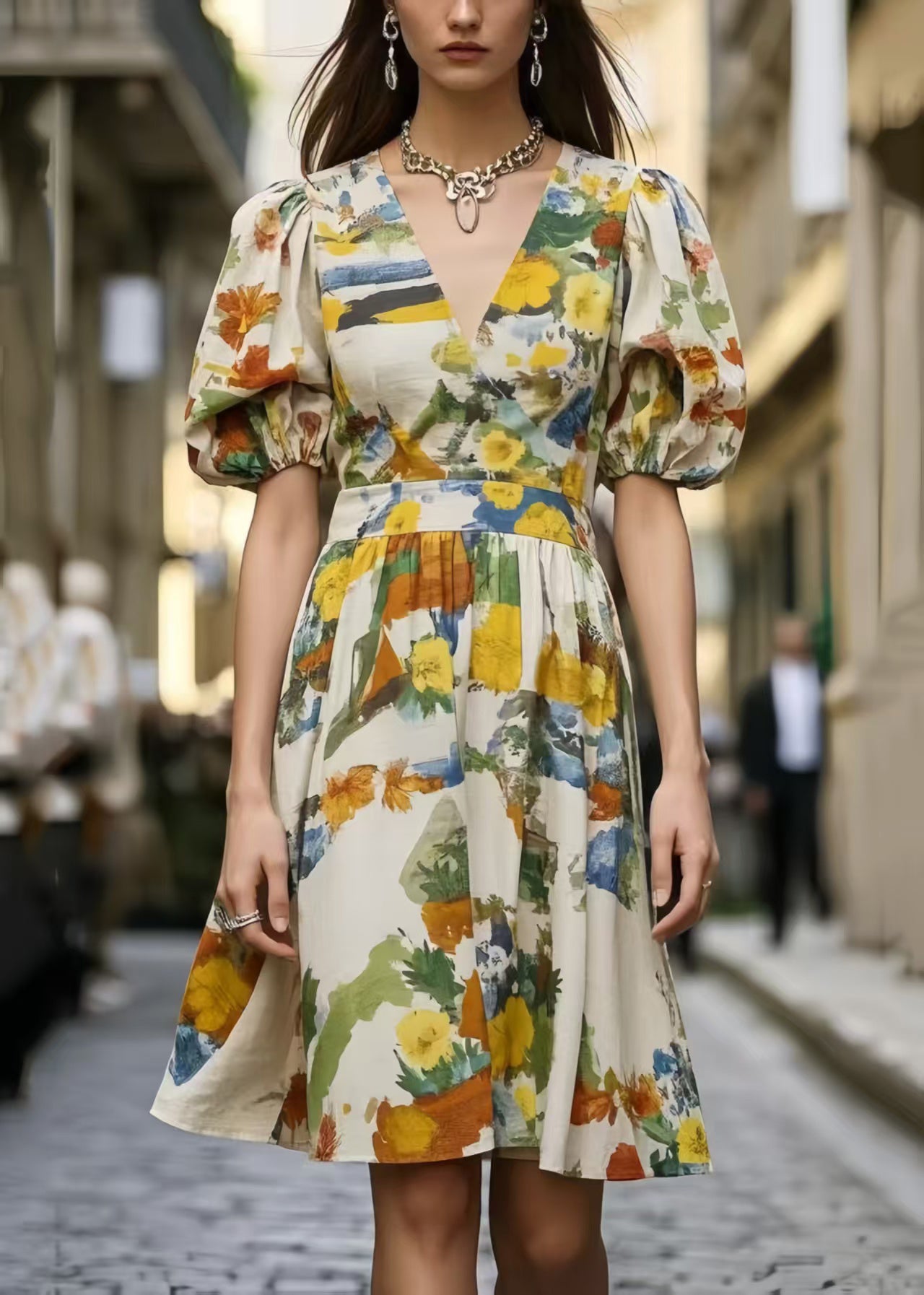 Puff Sleeve Print Cotton Mini Dress Summer