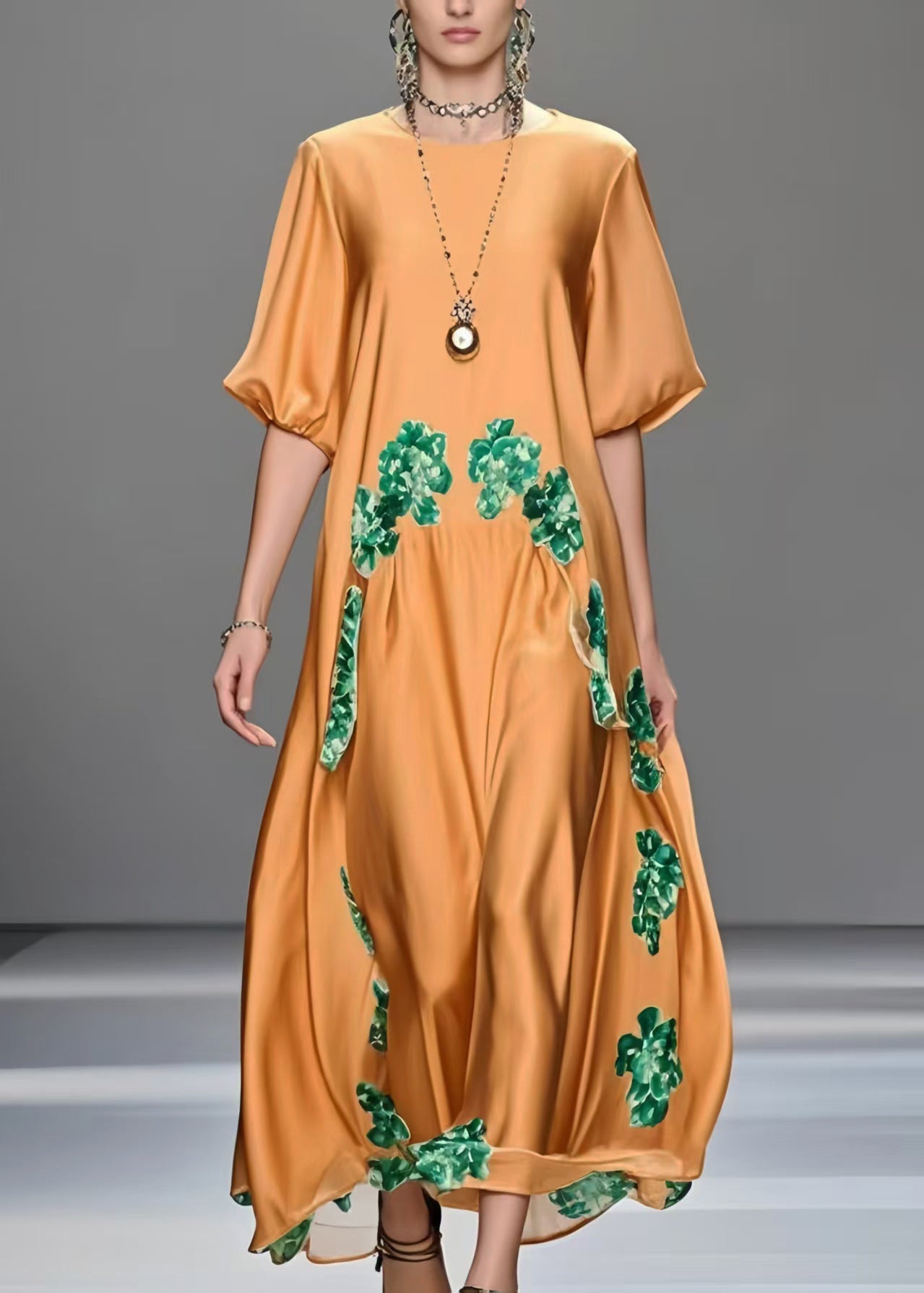 Orange Oversized Print Silk Maxi Dresses Half Sleeve
