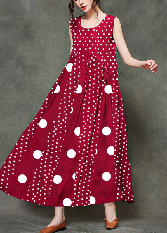 Red Polka Dots O-neck Wrinkled Long Dresses Sleeveless