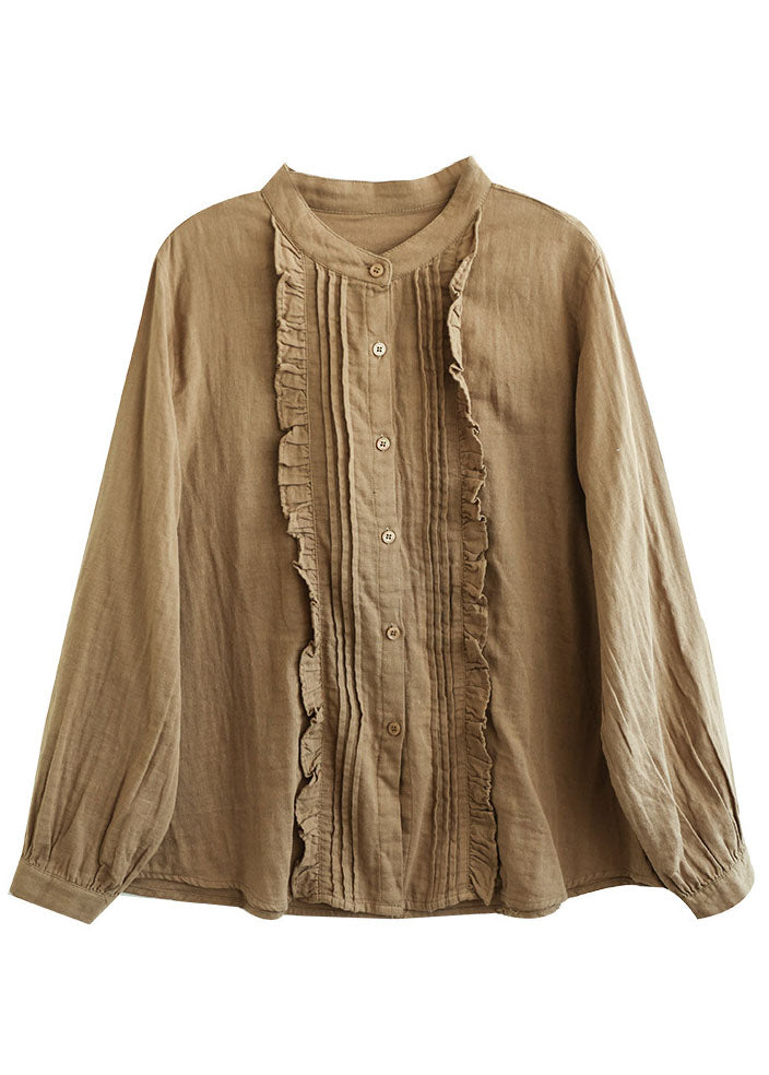 Khaki Ruffled Color Cotton Shirt Tops Spring