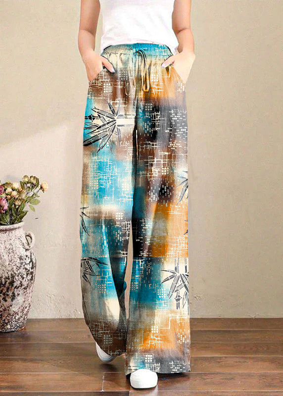 French Black Bird Elastic Waist Pockets Linen Wide Leg Pants Summer