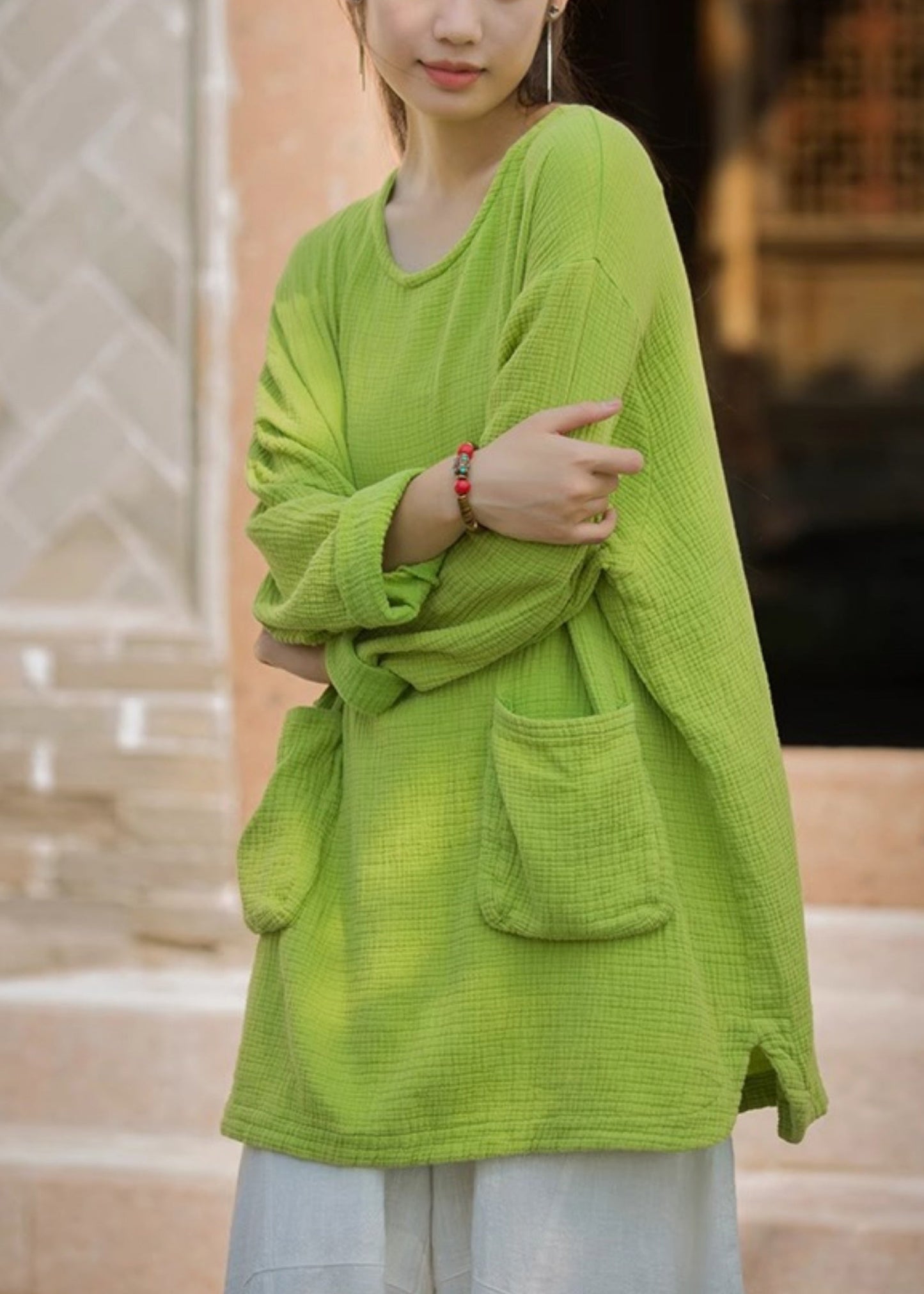 Green O Neck Pockets Cotton T Shirt Top Spring