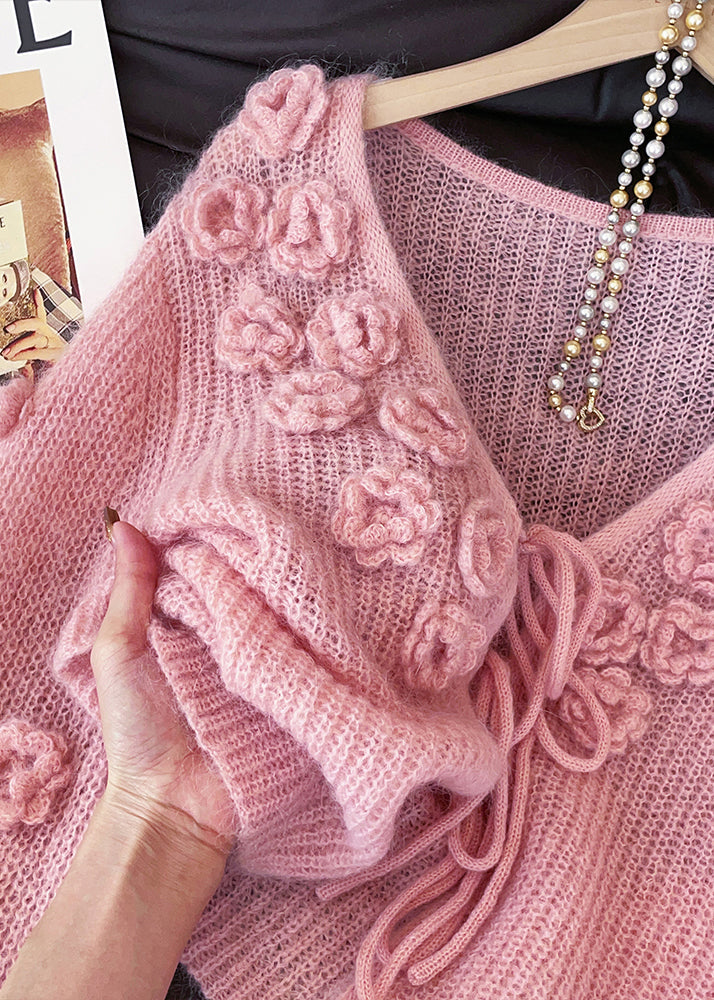 Pink V Neck Stereoscopic Knit Cardigans Fall