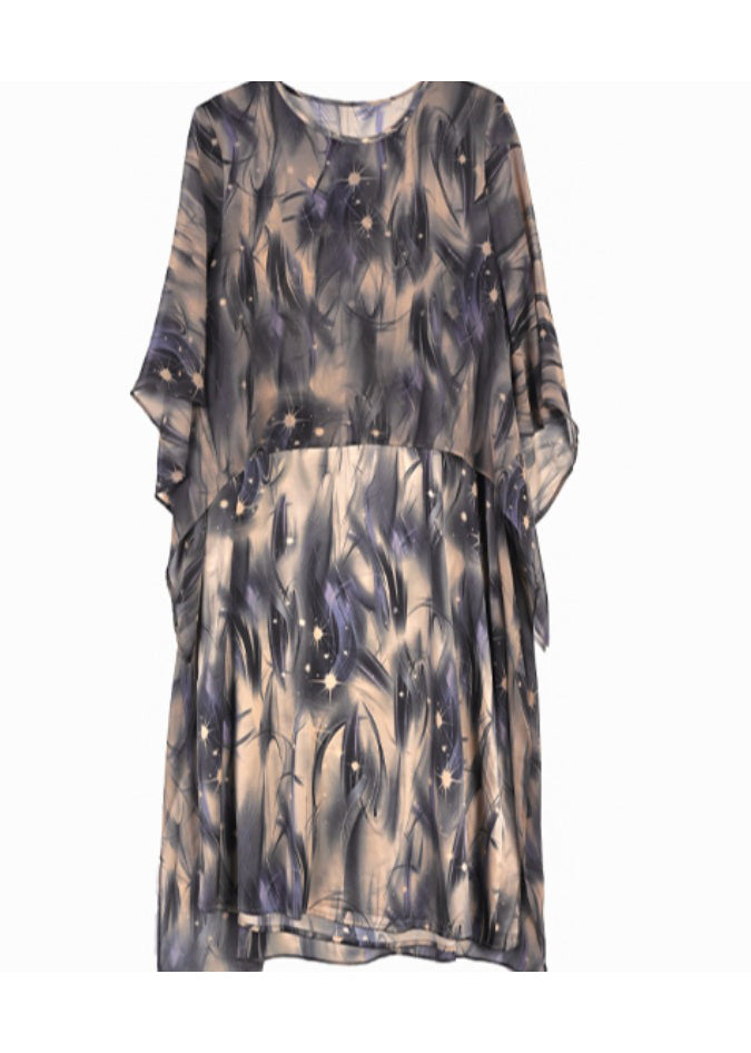 Brown O Neck Print False Two Pieces Silk Dresses Summer