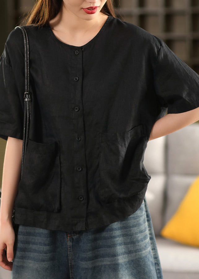 Rose O Neck Button Pockets Linen Shirt Tops Summer