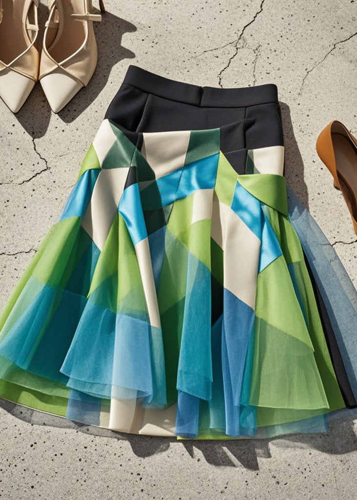 Multicolor Patchwork Tulle Spandex Skirts Fall
