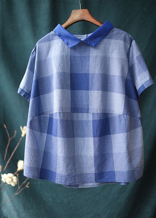 Blue Plaid Peter Pan Collar Patchwork Linen Shirt Tops Summer