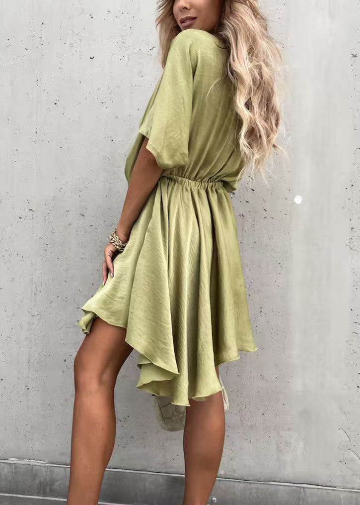 Olive Green V Neck Cotton Mid Dress Half Sleeve