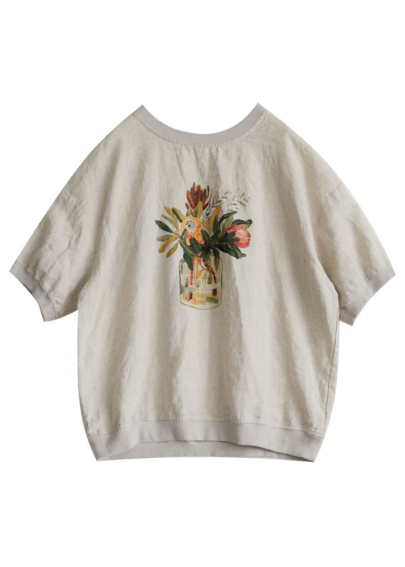 White Print Linen Sweatshirts Top O-neck Oversized Short Sleeve