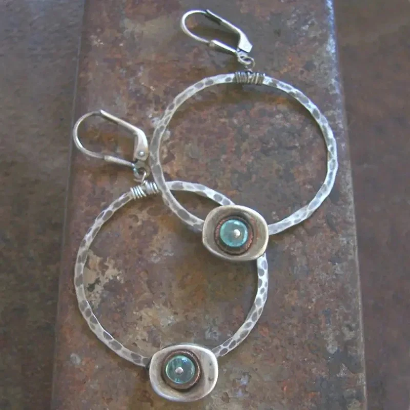 Blue Stone Silver Hoop Earrings