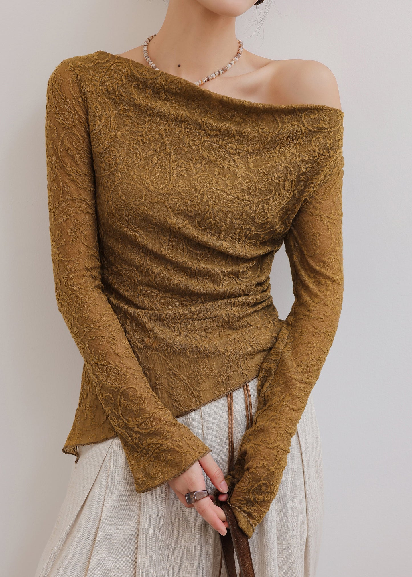 Brown Asymmetrical Jacquard Cotton Top Flare Sleeve