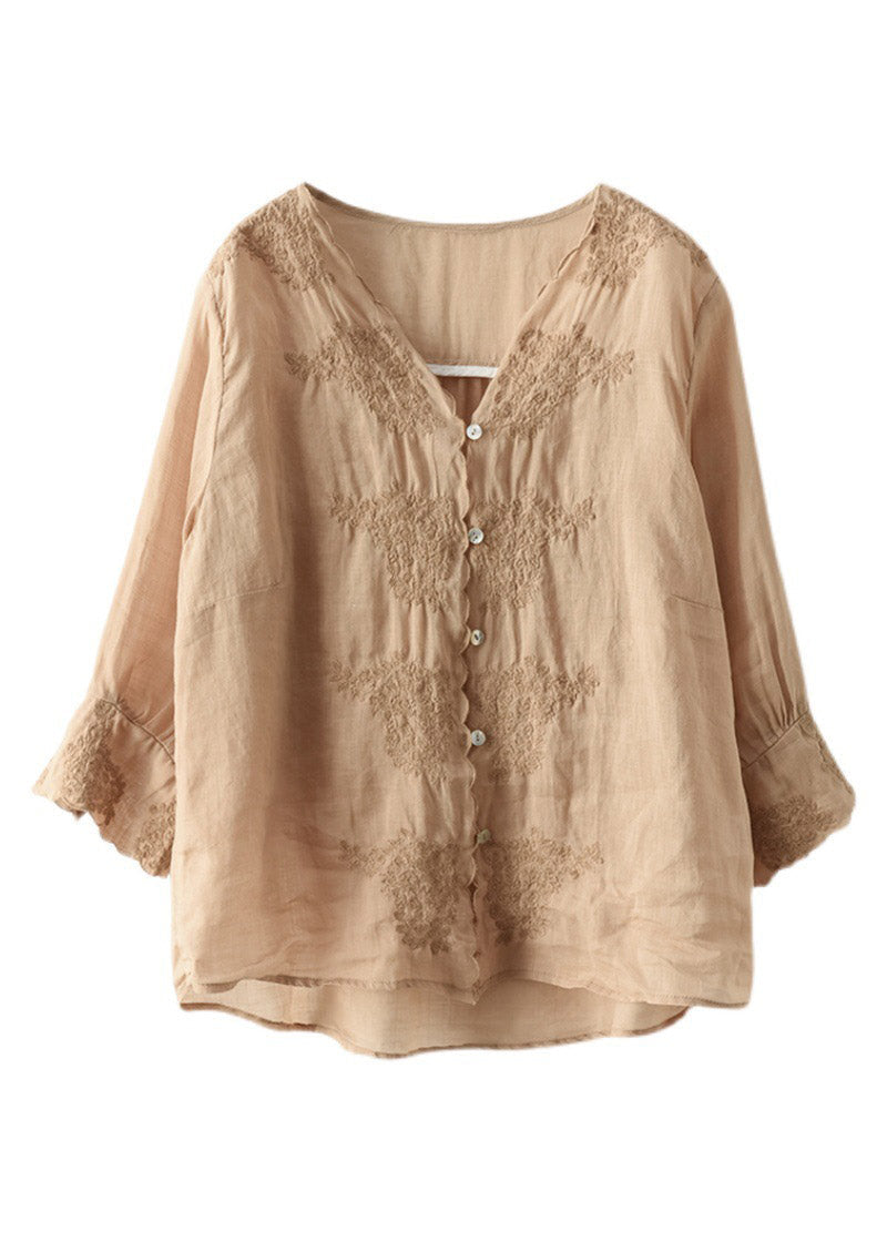 Khaki V Neck Embroidered Linen Shirt Long Sleeve