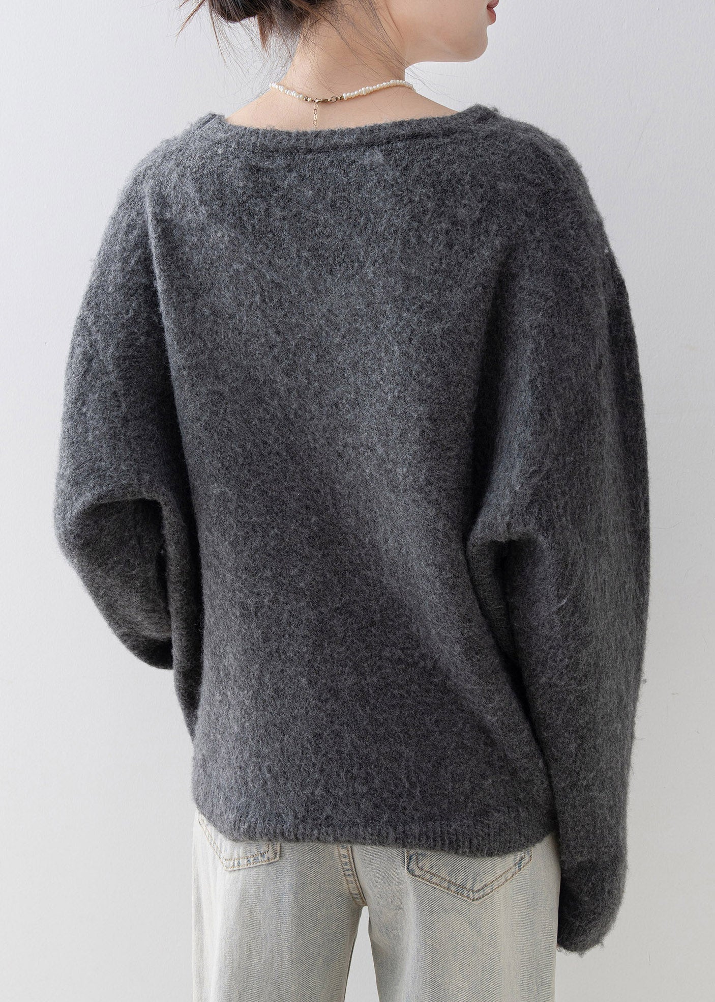 Grey O Neck Nail Bead Knit Sweater Spring