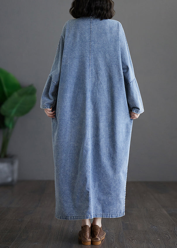 Denim Blue Stand Collar Patchwork Button Side Open Maxi Dresses Spring
