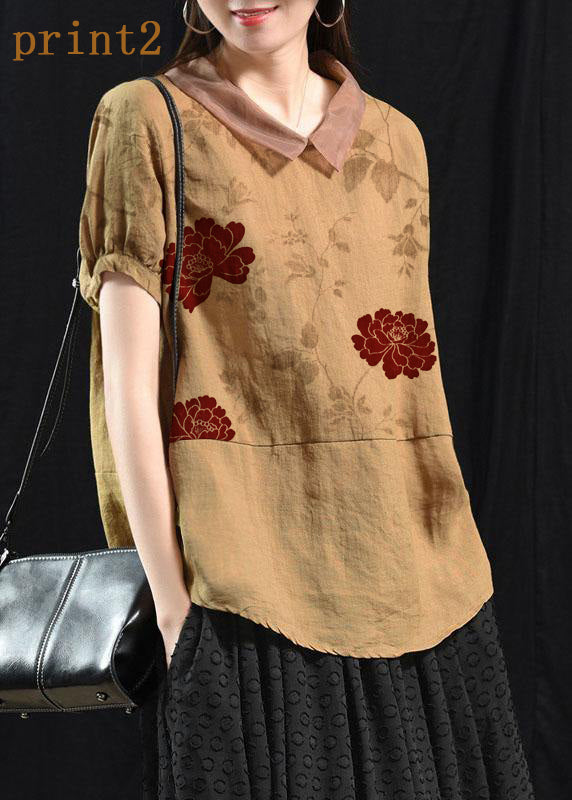 Khaki Patchwork Turn-down Collar Summer Short Sleeve Top