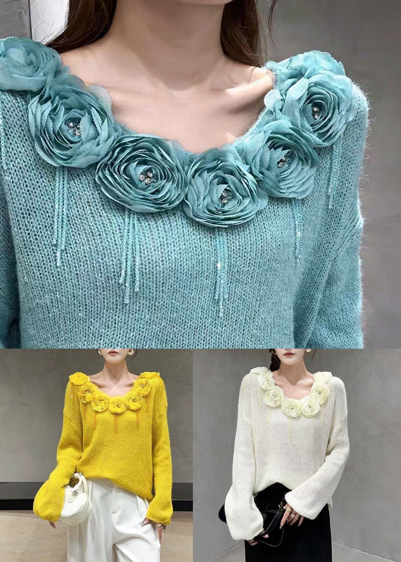 Blue Zircon Patchwork Knit Sweaters Fall