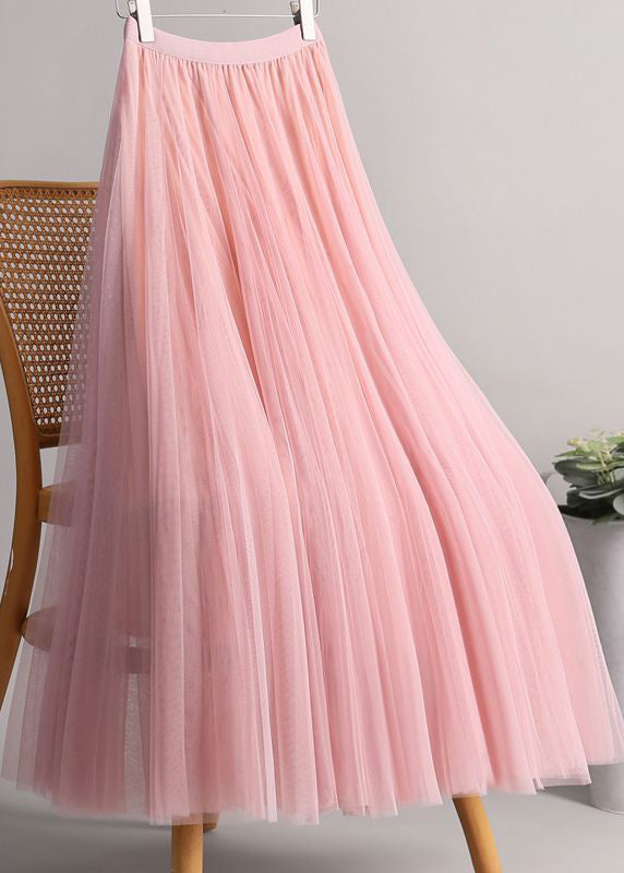 Loose Pink Elastic Waist Tulle a Line Skirts