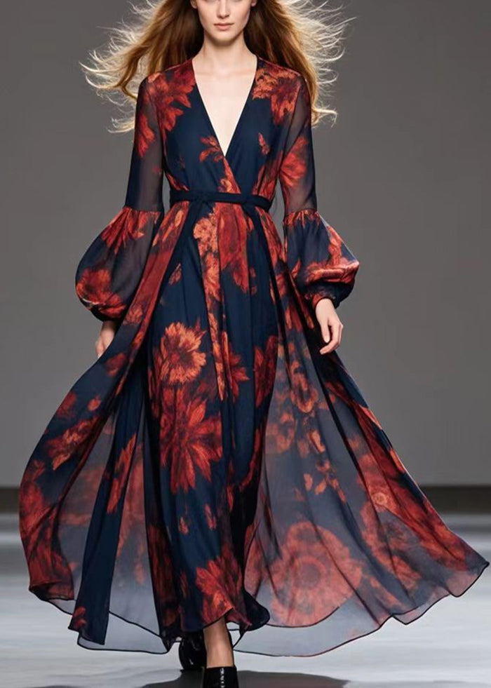Red Print Chiffon Cinched Dress V Neck Exra Large Hem Fall