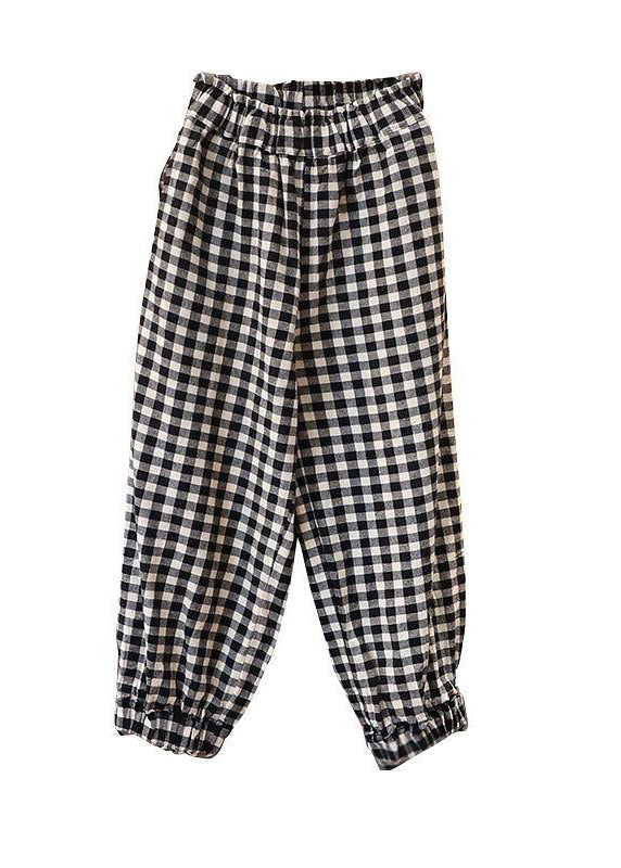 Plaid Linen Cotton Ankle Length Pants