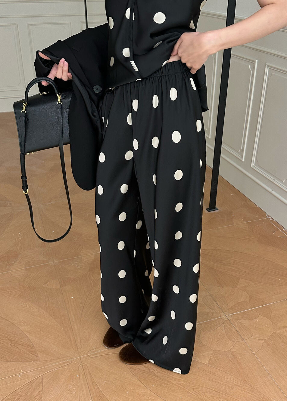 French Black Dot Print Strap and Pants Silk Two Pieces Set Summer