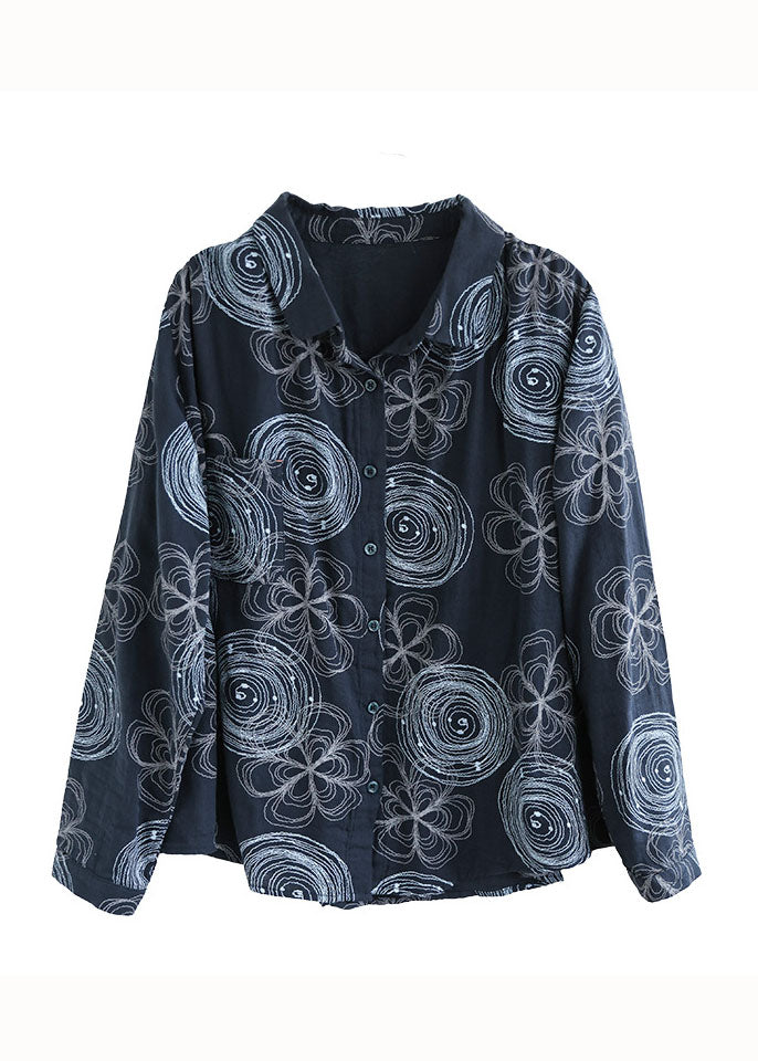 Navy Peter Pan Collar Print Patchwork Cotton Shirt Top Spring