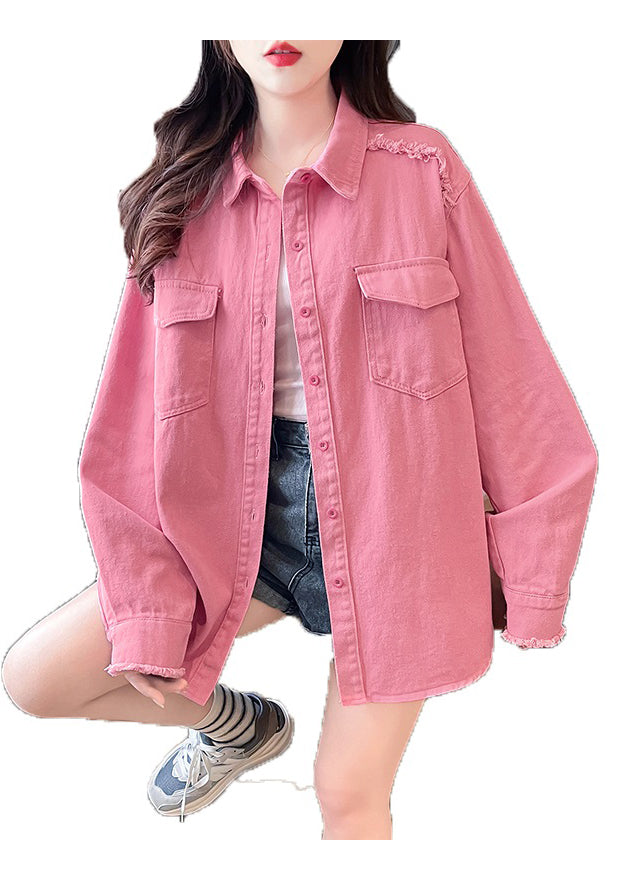 Pink Peter Pan Collar Pockets Denim Shirts Coat Fall