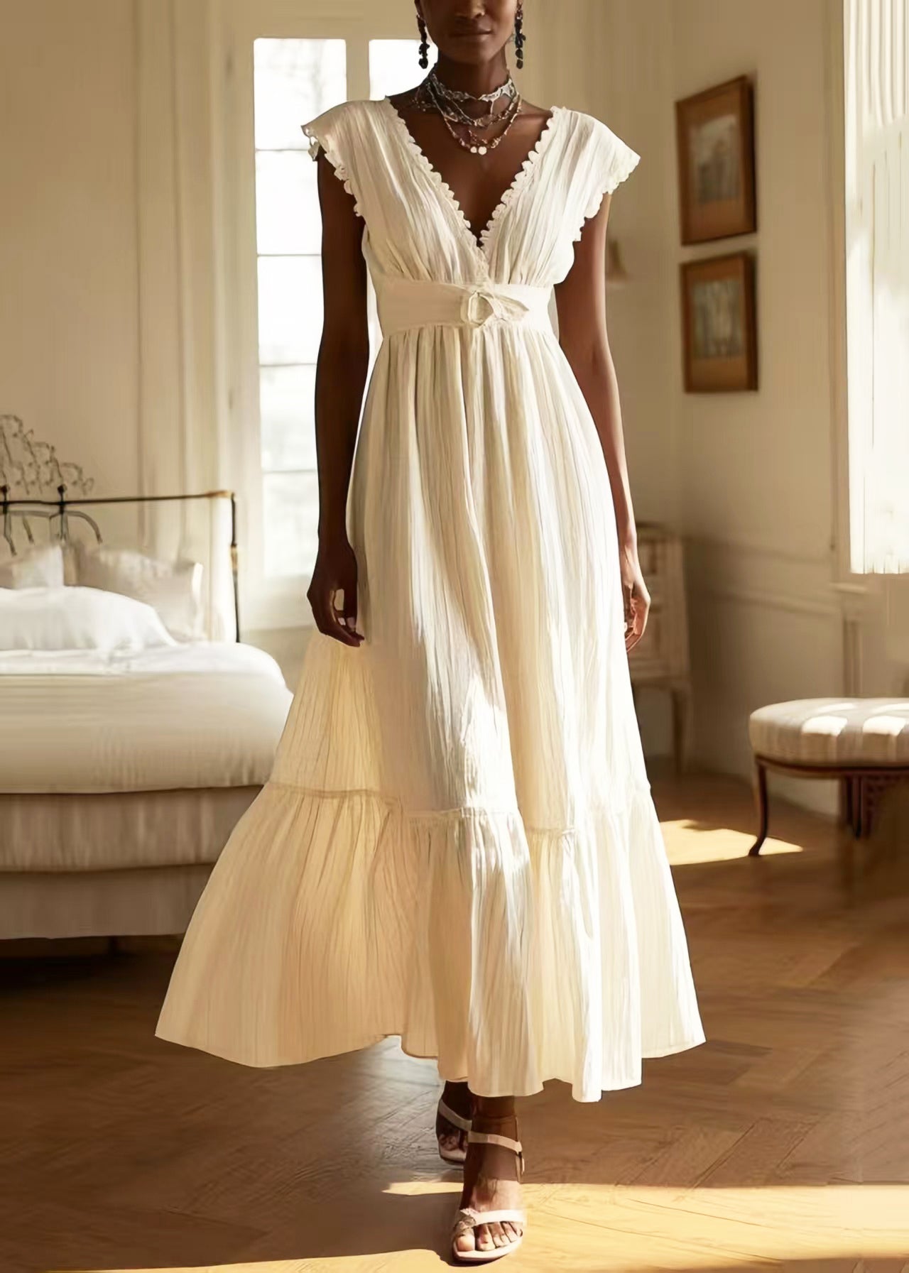 White V Neck Exra Large Hem Cotton Long Dress Sleeveless