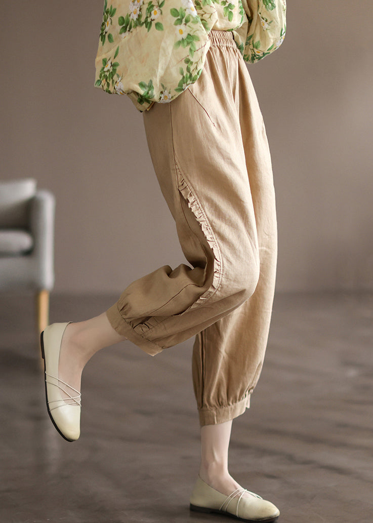 Pink Pockets Linen Crop Pants Elastic Waist