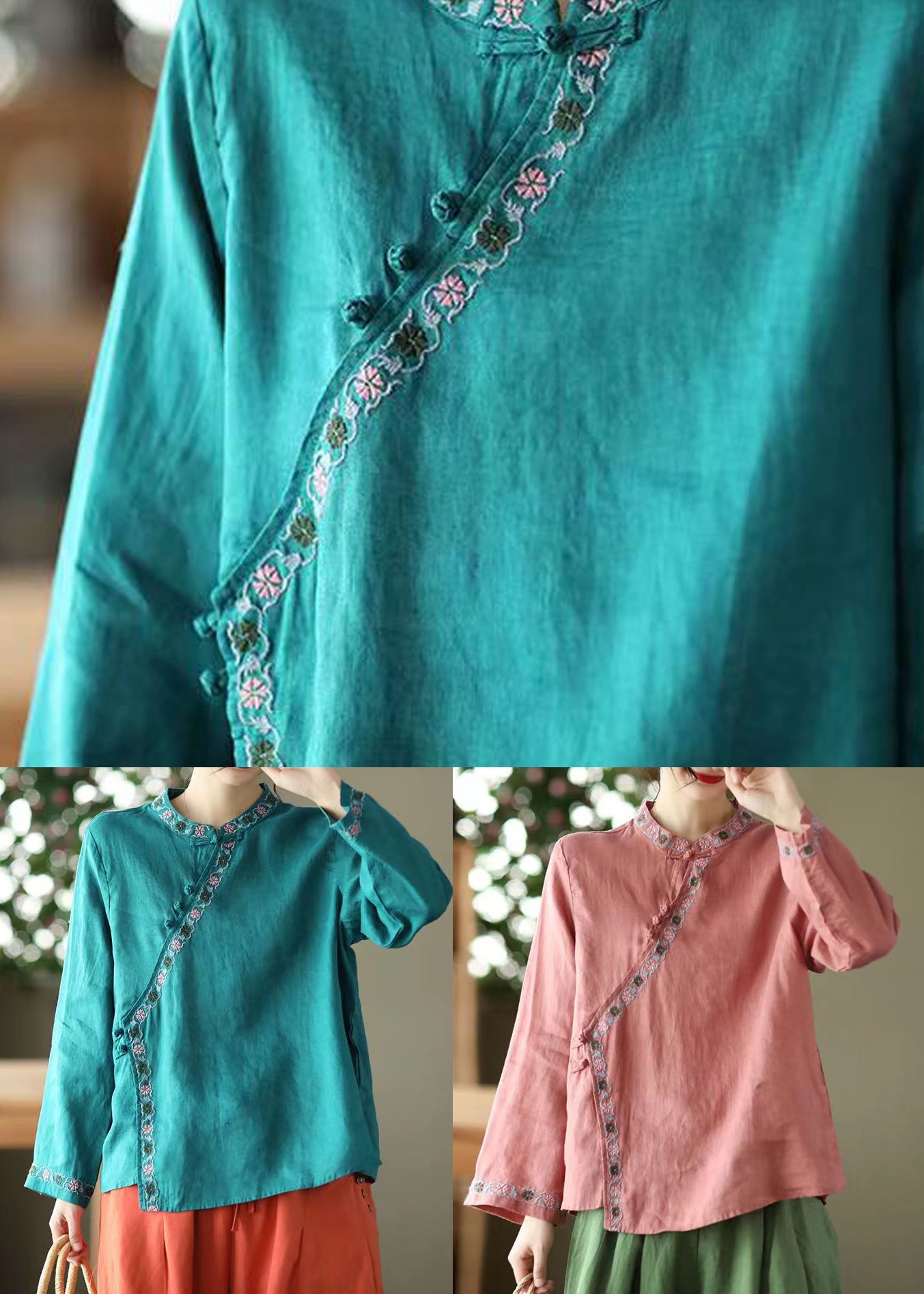 Blue Asymmetrical Design Linen Shirt Embroidered Long Sleeve